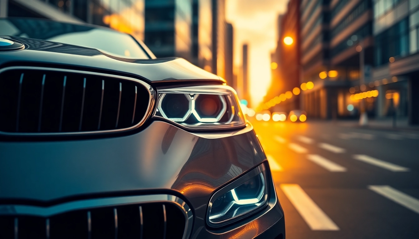 Admire a luxurious BMW car showcasing its sleek design in a vibrant urban sunset.
