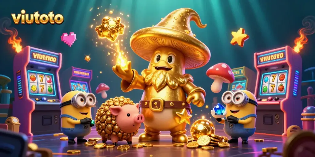 Menangkan jackpot dengan viutoto, menyajikan wizard emas dan mesin slot berkilau.
