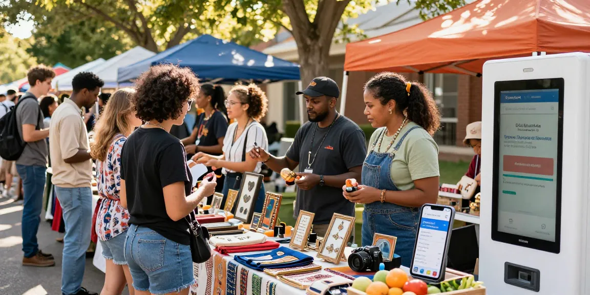 Community marketplace with diverse vendors showcasing local classifieds on BedPersonal app, vibrant atmosphere.