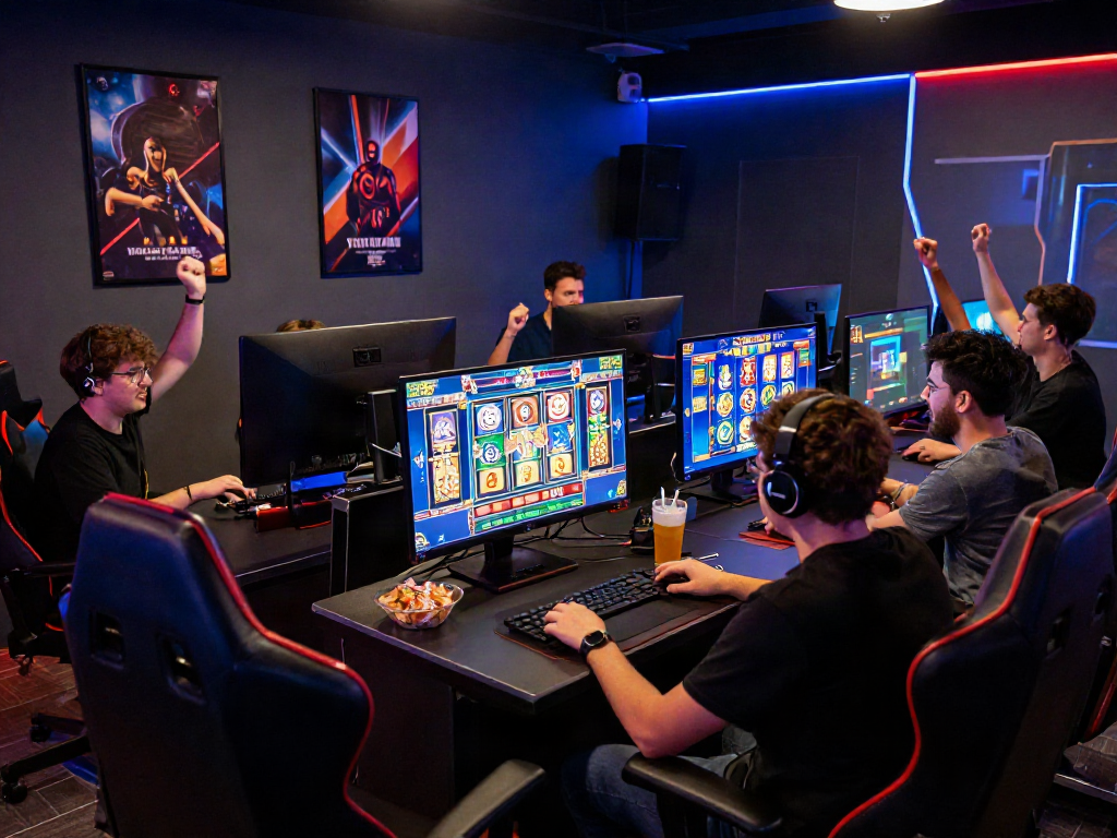 Exciting situs slot gaming scene with players enjoying colorful graphics and snacks.