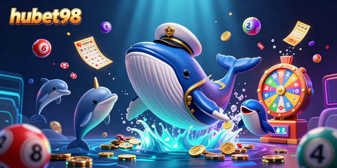 Engage with hubet98's thrilling casino scene featuring a breaching whale, vibrant lottery elements, and playful dolphins.