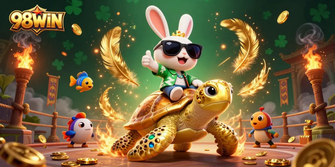 Engage with 98WIN's vibrant casino adventure featuring a lucky rabbit and golden turtle.