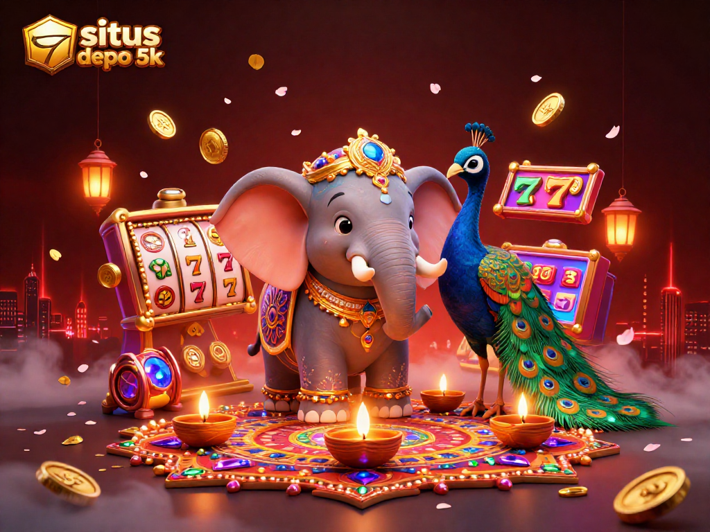 Spin the reels and win at situs depo 5k, featuring a festive elephant and peacock in a vibrant casino scene.