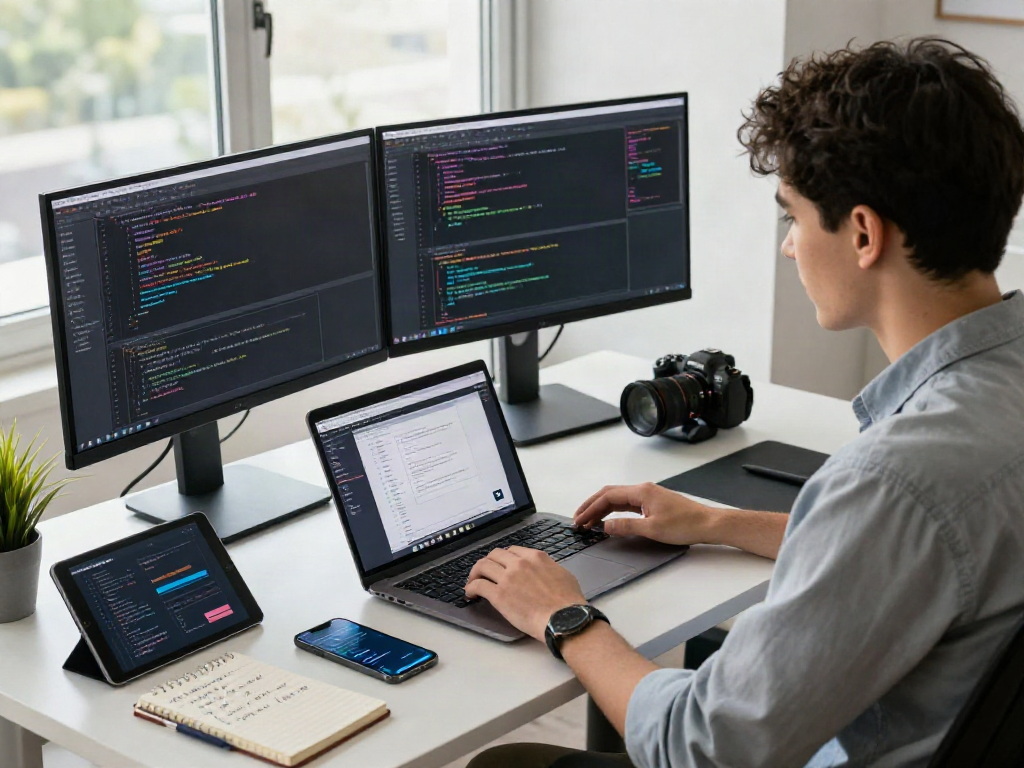Download Pikashow Apk on a sleek desk with coding screens and tech gadgets.