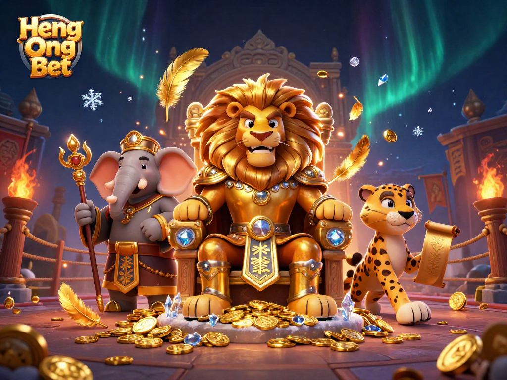 Engage with Heng Ong Bet in an exciting 3D casino scene featuring a lion king and vibrant elements.