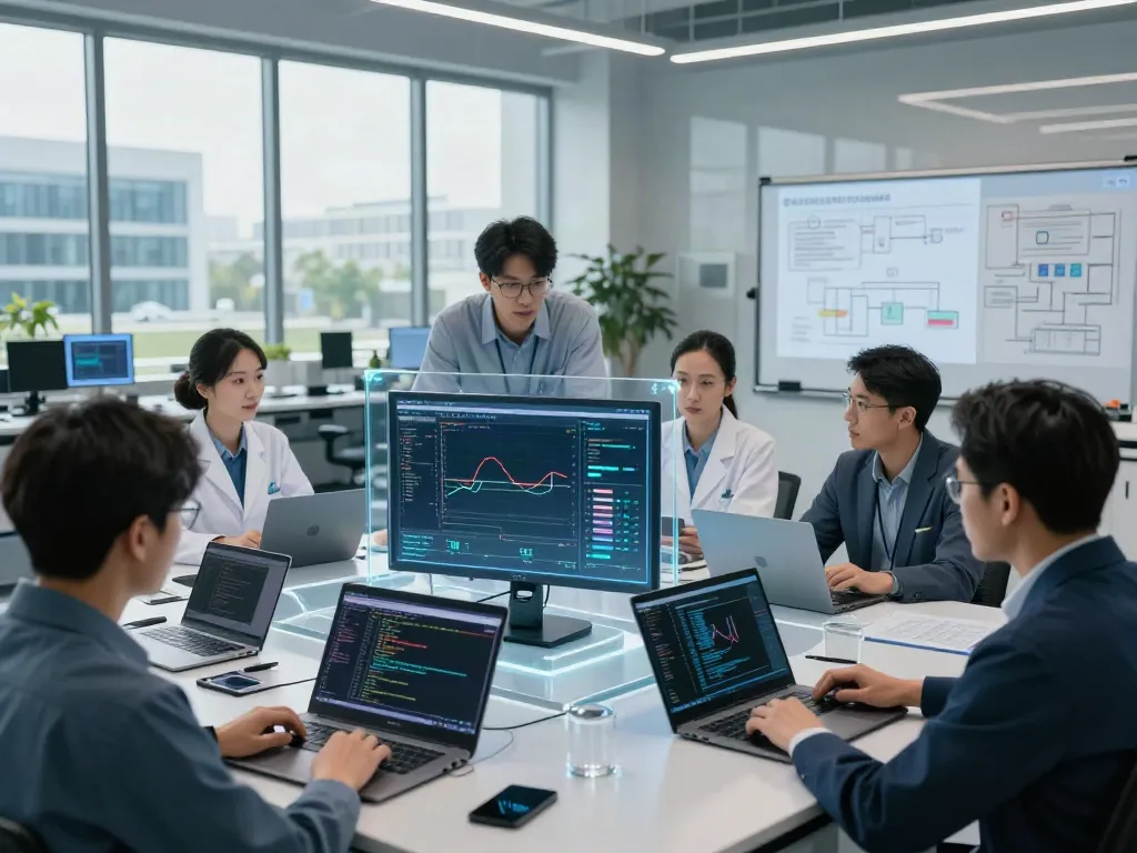 Engineers analyzing AI inference metrics in a modern tech workspace.