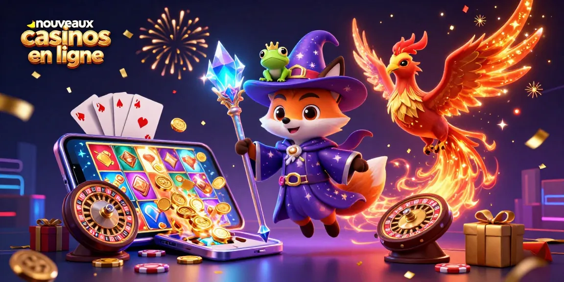 Découvrez l'univers des nouveaux casinos en ligne avec cette illustration dynamique remplie d'éléments de jeu captivants.