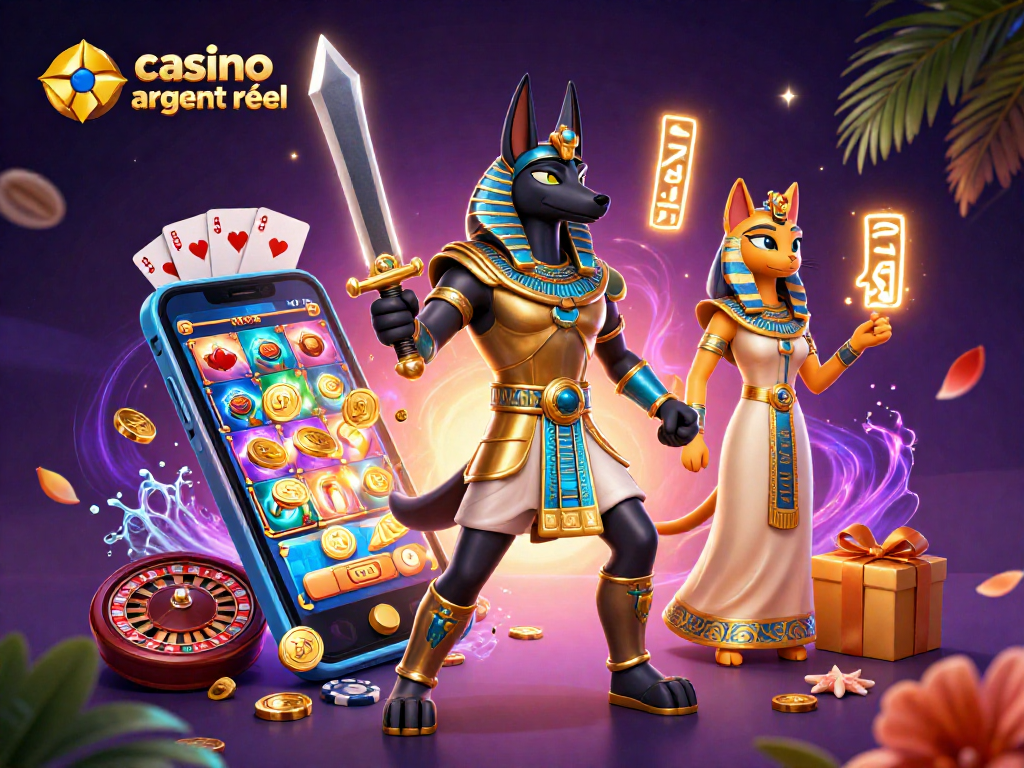 Profitez du casino en ligne argent réel avec une illustration dynamique combinant Anubis et des éléments de jeux de casino.