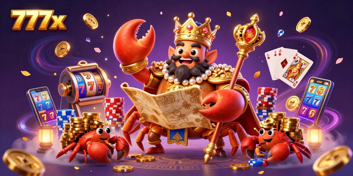 Engage with the vibrant 777x casino scene, featuring a majestic crab emperor, treasure map, and slot machines.