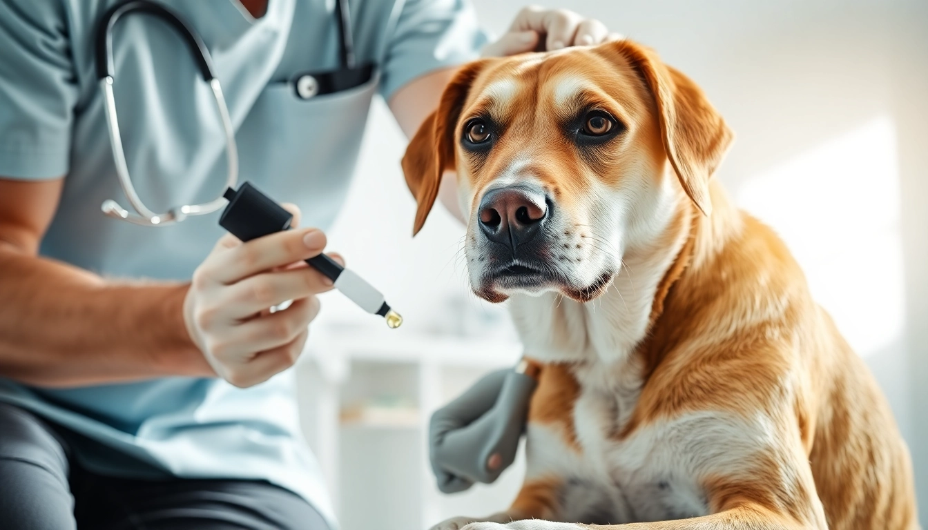 Applying dmso for dogs treatment in a veterinary clinic, highlighting care and compassion.