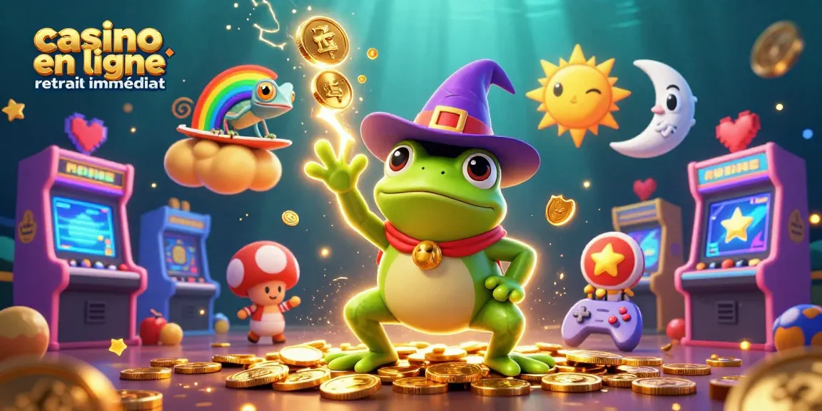 Illustration dynamique dans un casino en ligne retrait immédiat, avec un sorcier grenouille et un caméléon doré.