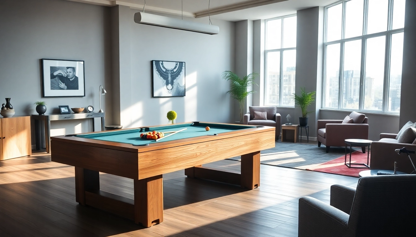Buy Pool Tables displayed in a luxurious game room showcasing elegant decor and rich wood finishes.