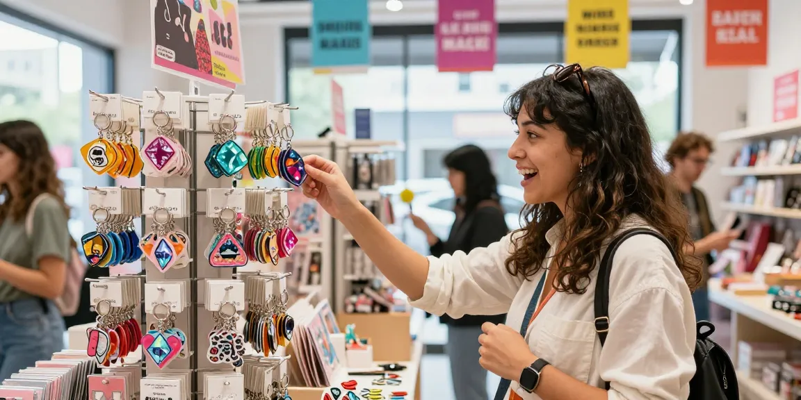 Shopper examining a vibrant Custom Acrylic Diamond Keychain amidst colourful merchandise in a modern store