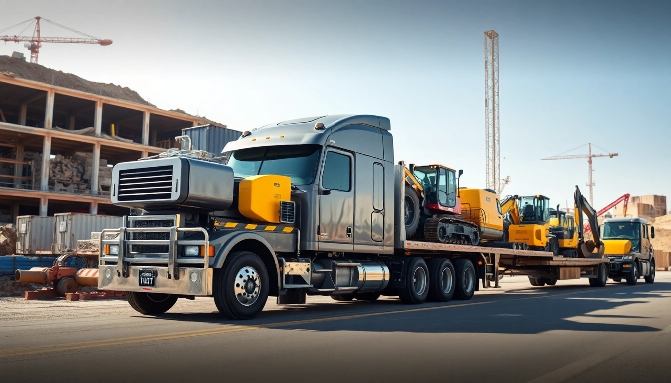 Heavy-duty truck performing equipment transport with machinery loaded, showcasing industrial efficiency.