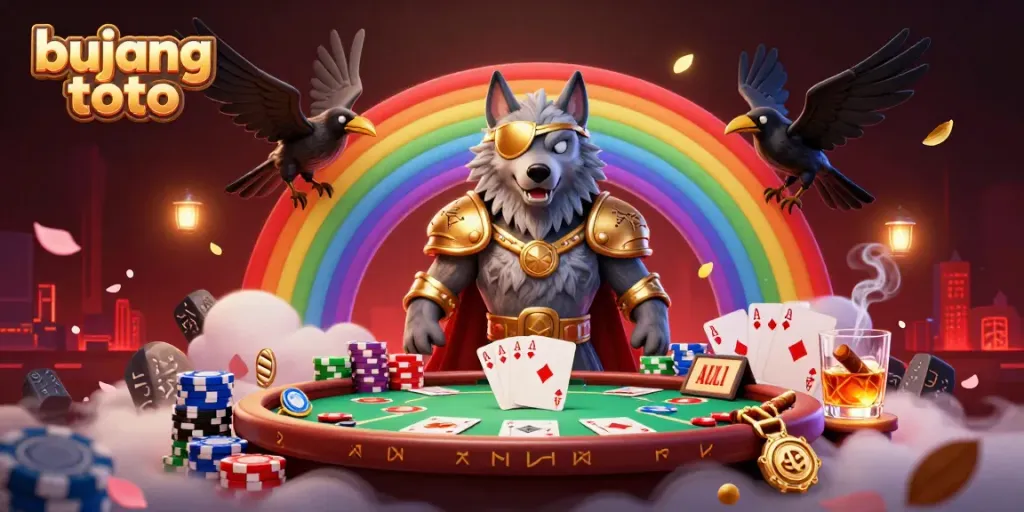 Bujang toto showcases a vibrant gaming scene with a Norse-inspired wolf and casino elements.