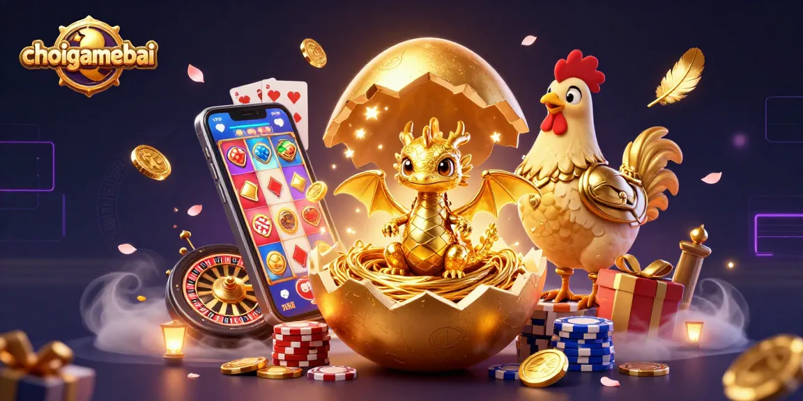 Join the fun at choigamebai with a golden dragon guarding poker chips as coins fly in this vibrant casino scene.