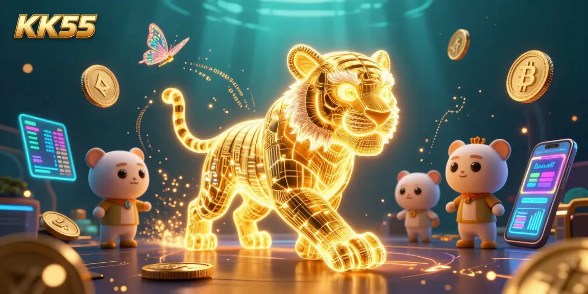Experience KK55's vibrant casino world with a neon tiger and crypto elements showcasing exciting betting possibilities.