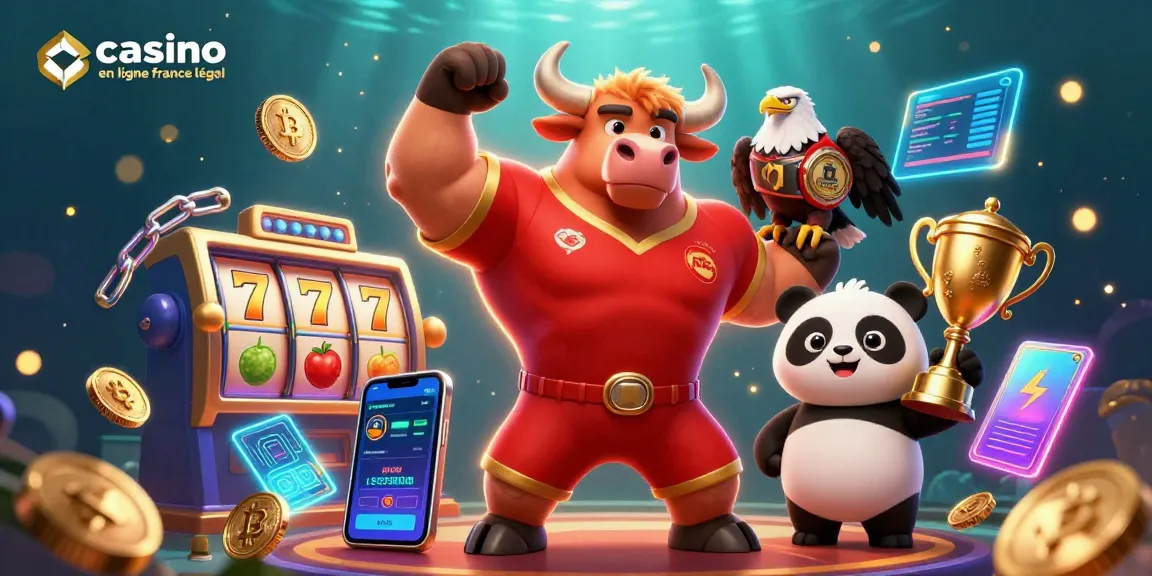 Illustration vibrante représentant "casino en ligne légal France" avec un taureau et un panda gagnant des récompenses.