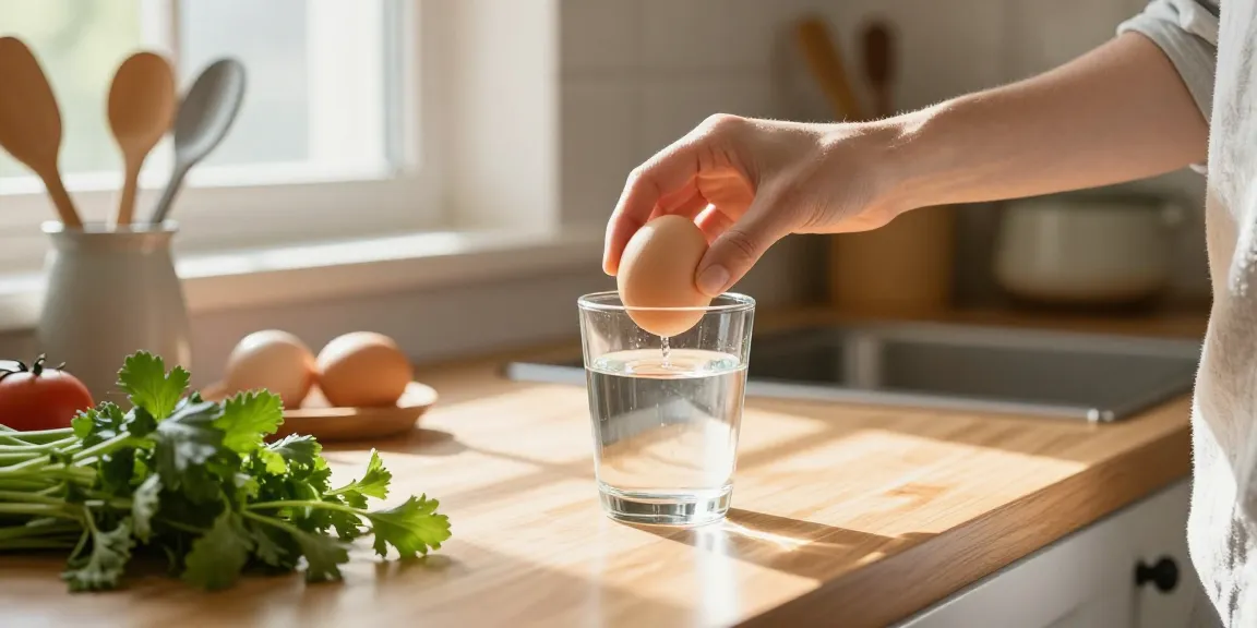 Menunjukkan metode pengujian kesegaran telur menggunakan https://www.eggfloattest.com/contact dalam suasana dapur yang hangat dan mengundang.
