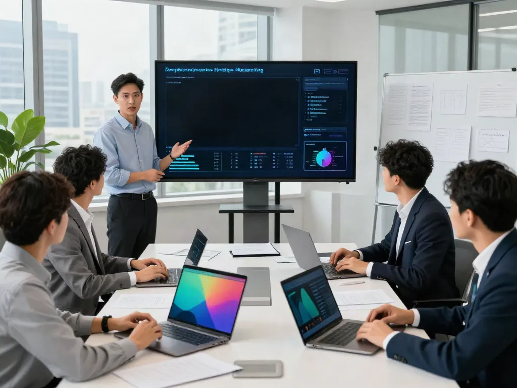 Team discussing strategies for Deepfake protected meetings in a modern conference room.