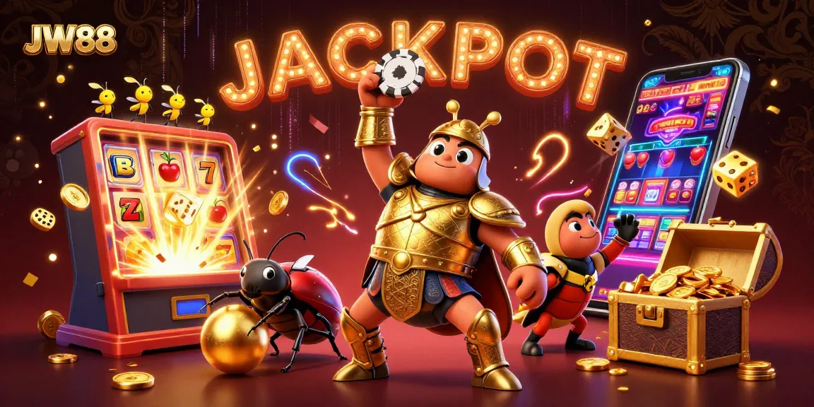 Experience jackpot thrills with JW88's exciting 3D casino scene featuring vibrant characters and game elements.