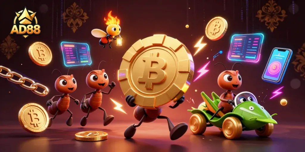 Engage with AD88's thrilling heist scene featuring ants, poker chips, and dynamic gaming elements.