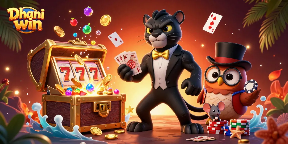 Dhani win showcases a stylish panther dealer amidst a vibrant casino scene featuring slots and poker elements.