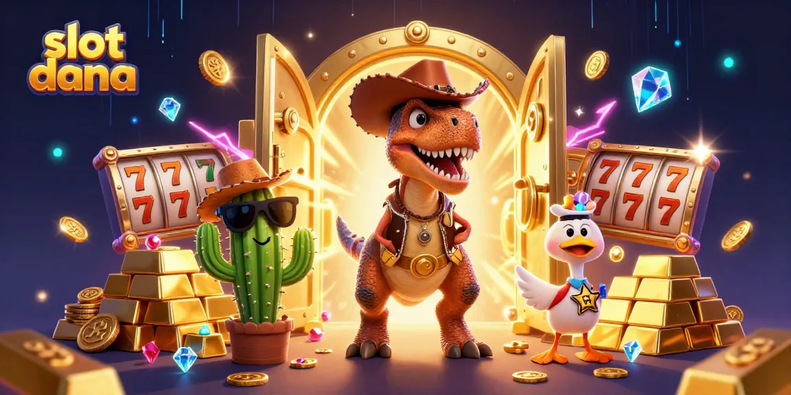 Experience thrilling slot dana action with a T-Rex and friends in a vibrant casino scene.