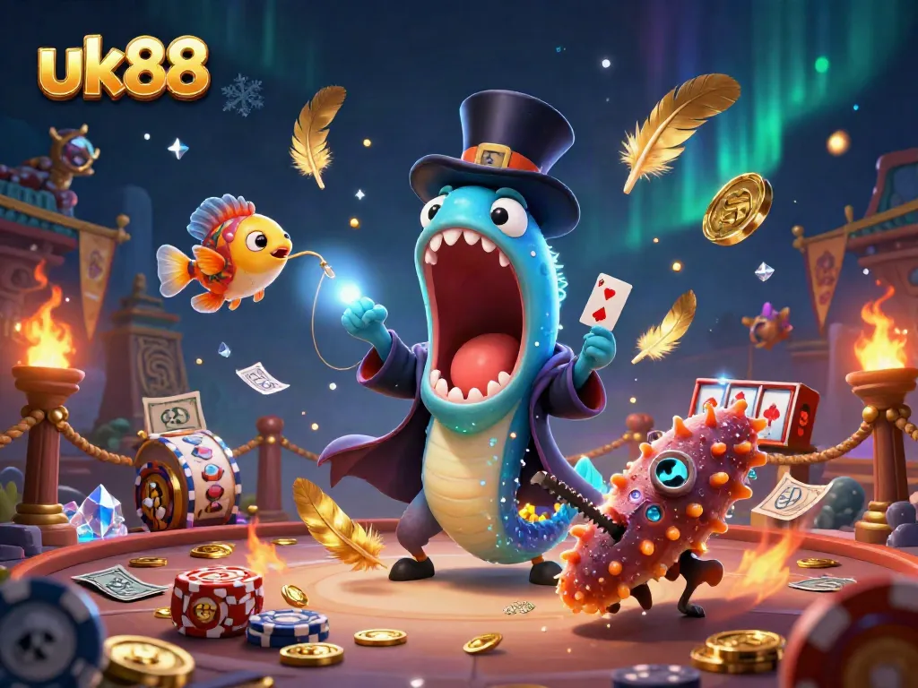 Experience the thrilling world of uk88 through a magical 3D scene filled with vibrant gambling elements and characters.