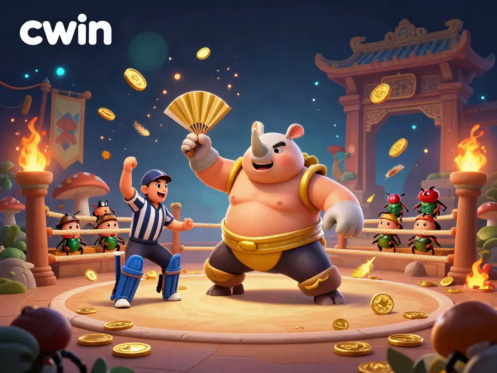 Cwin offers an engaging online casino atmosphere with dynamic elements like golden coins, a sumo champion beetle, and vibrant detailing.