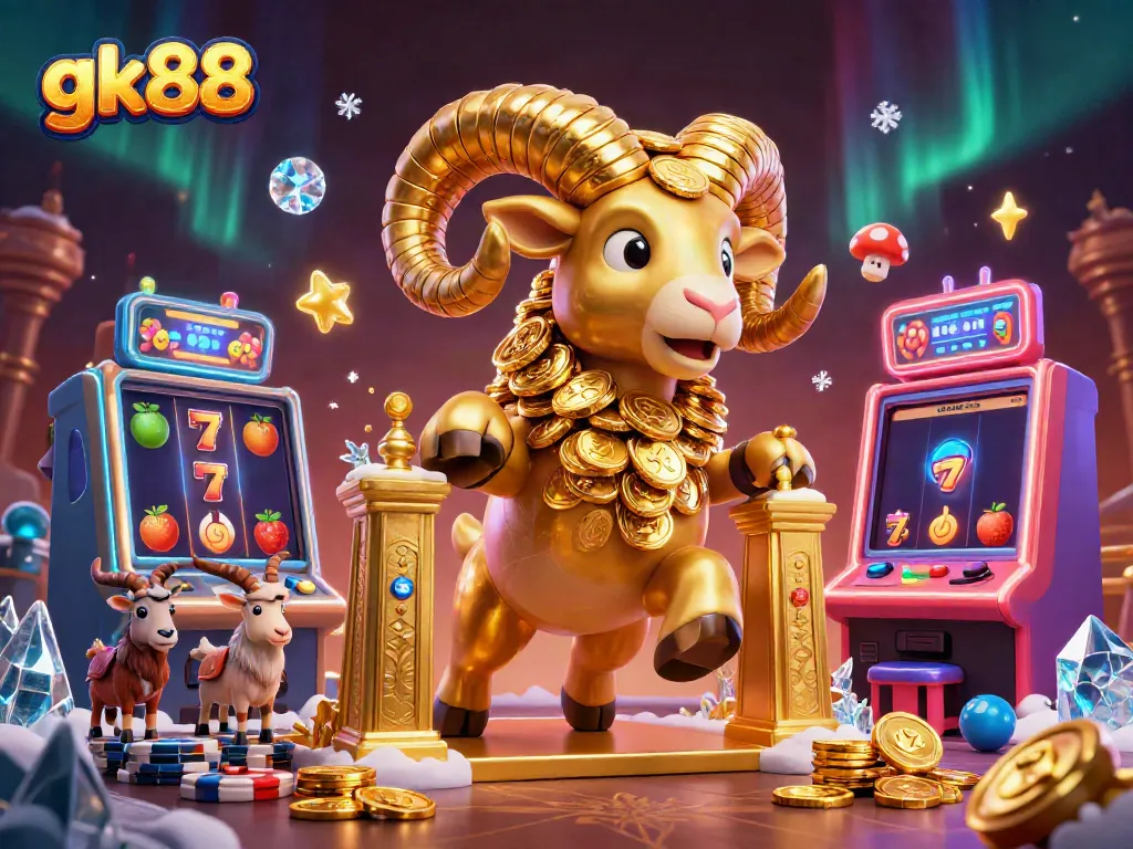 Experience the thrill of gk88 with a golden ram charging through a vibrant casino scene filled with slot machines.