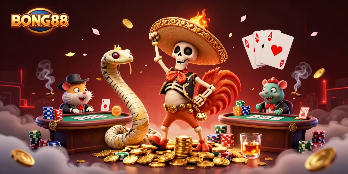BONG88 showcases vibrant 3D casino scene with characters engaging around poker elements.