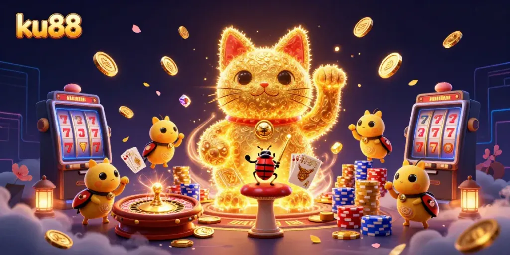 Experience the vibrant excitement of ku88 with a lucky cat and casino elements in a magical scene.