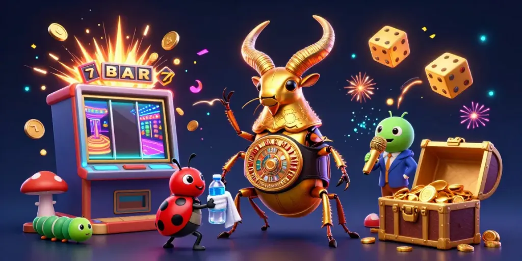 Experience thrilling slot action with a dynamic scene featuring a golden stag beetle in a boxing match, coins exploding around.