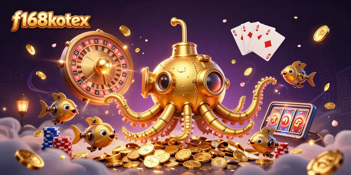 f168kotex unveils an enchanting kraken submarine in a golden coin sea, showcasing vibrant gambling elements.