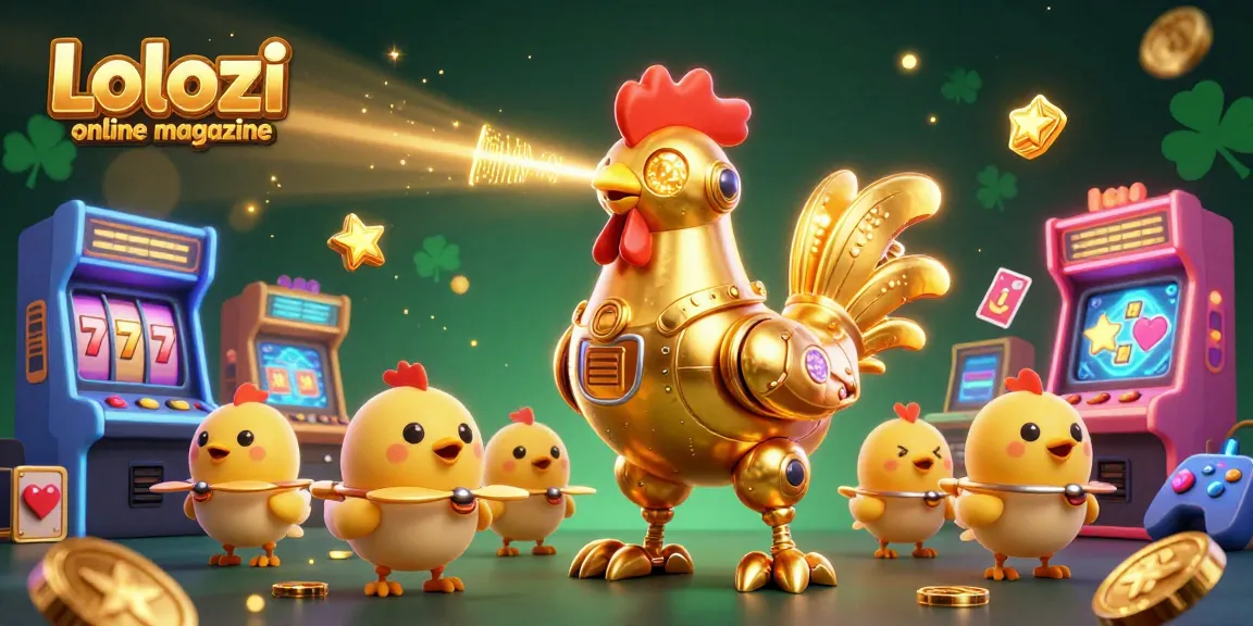 Lolozi online magazine showcases a vibrant 3D casino scene with a golden rooster robot, slot reels, and flying coins.