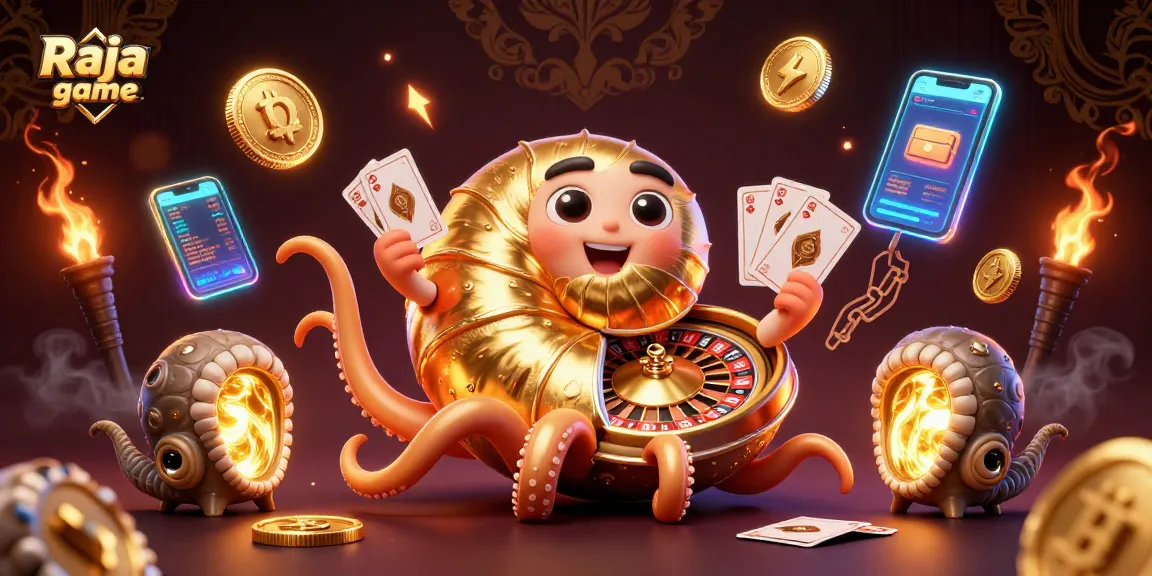 Play the exciting Raja game with a giant golden nautilus, glowing cards, and crypto coins.