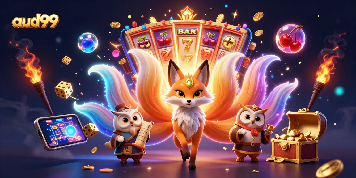 Experience aud99 excitement through animated characters amid a vibrant casino scene filled with jackpots and colorful game elements.