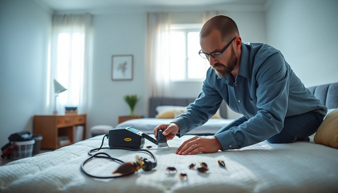 Technician demonstrating effective bed bug removal techniques in a clean, modern bedroom.