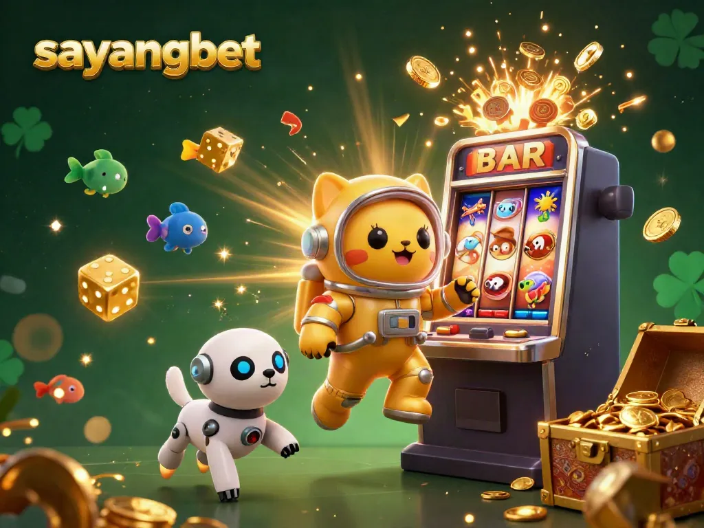 Experience exhilarating gameplay with sayangbet in a vibrant 3D scene of astronaut cat and robot dog amidst a jackpot explosion.