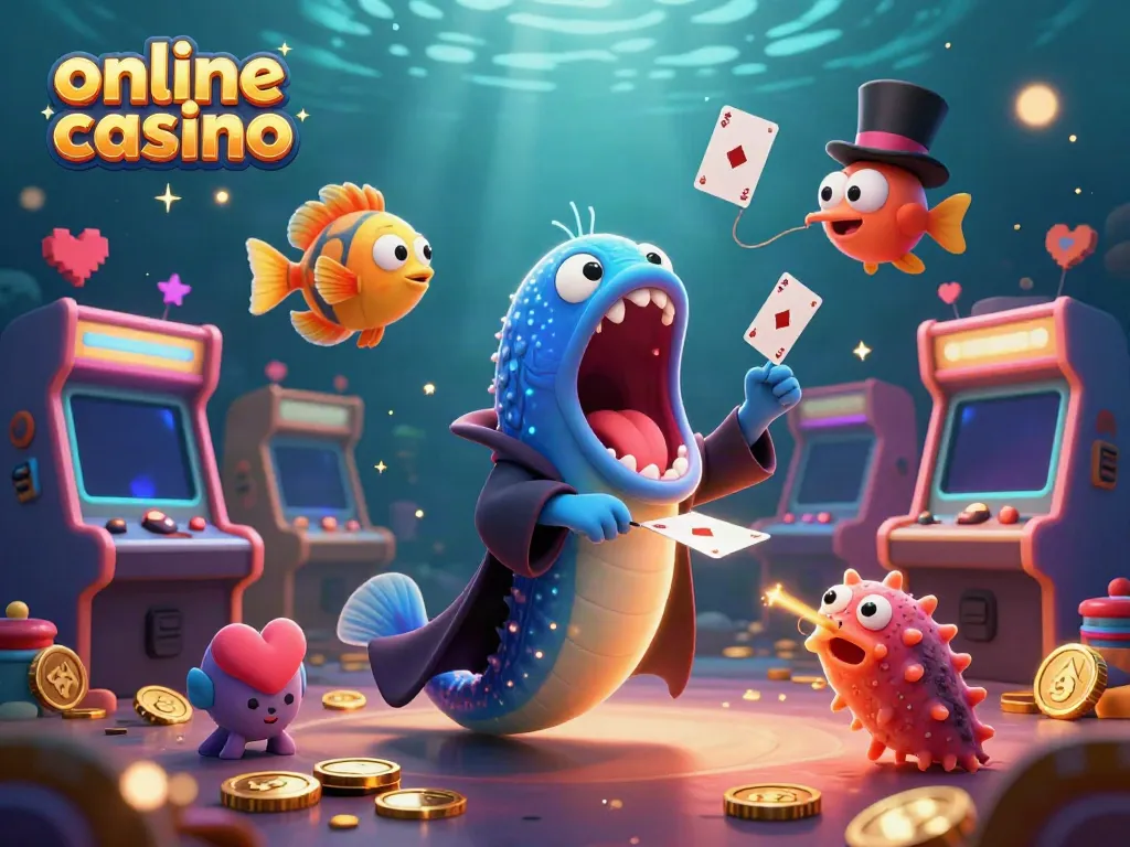 Engaging underwater scene featuring an animated gulper eel in a magician's cape for an online casino promotional illustration.