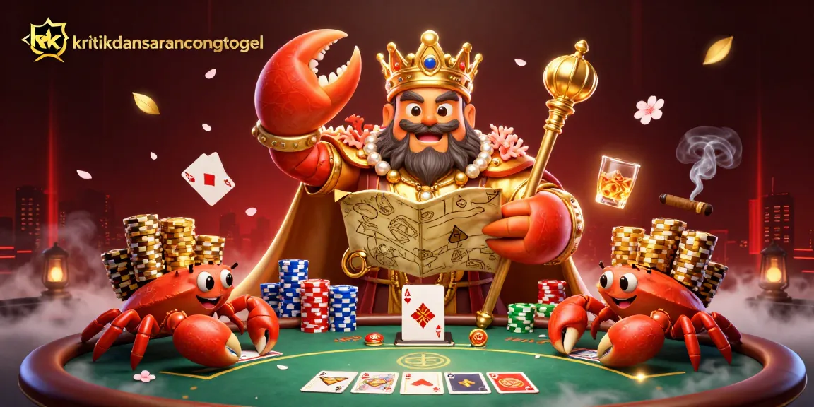 Engage with kritikdansarancongtogel's vibrant scene showcasing a golden crab emperor at a lively poker table.