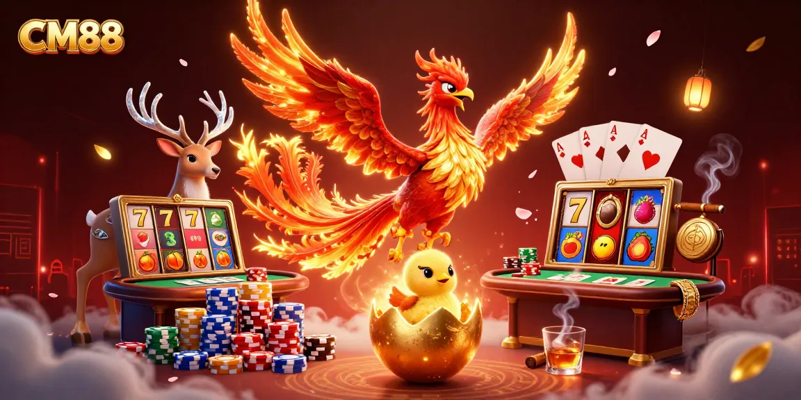 CM88 players enjoy vibrant excitement with a phoenix and jackpot reels in this dynamic casino scene.