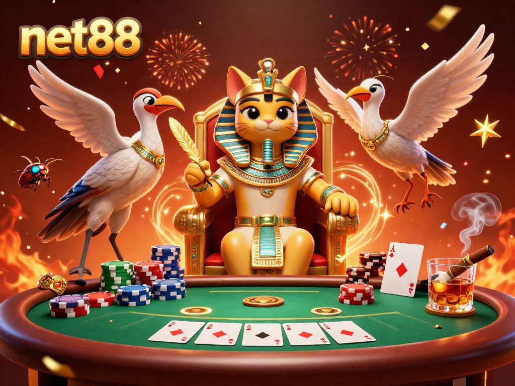 Experience the thrilling atmosphere of net88 with a pharaoh cat and poker elements in a vibrant casino scene.