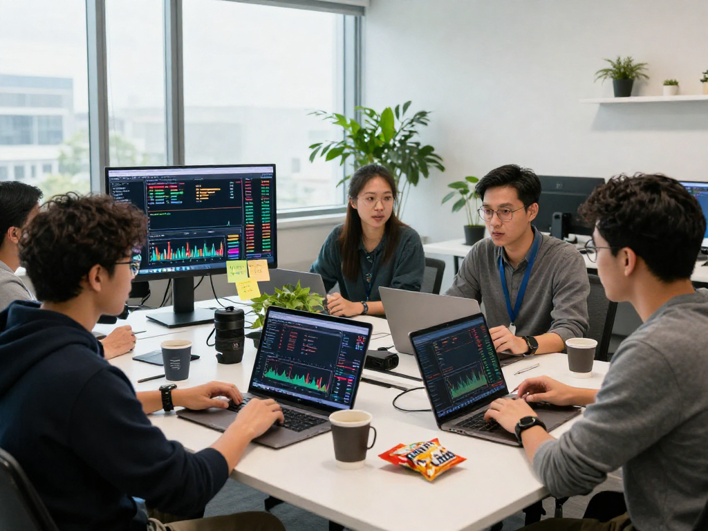 Developers collaborating on Singapore stock fundamental API tools in modern office.
