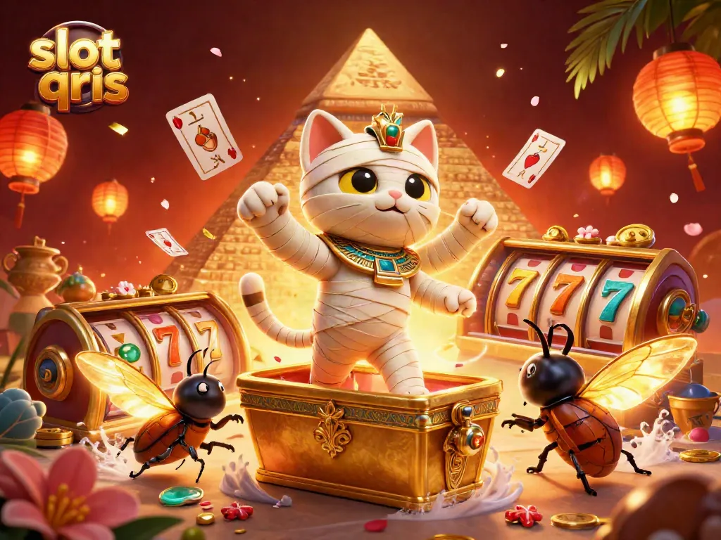 Experience slot qris excitement with a dynamic scene featuring a lively mummy cat and a scarab beetle in a vibrant casino setting.
