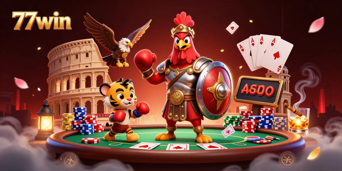 Join the action at 77win where a 3D cartoon rooster and tiger cub face off in a lively poker scene.