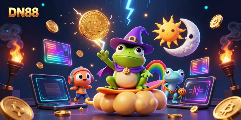 Experience thrilling action at DN88 with a vibrant 3D depiction of a wizard frog and colorful characters amidst golden coins.
