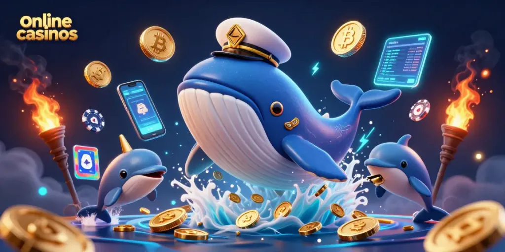 Engage in thrilling online casinos with a vibrant scene featuring a whale captain, a narwhal, and dolphins.
