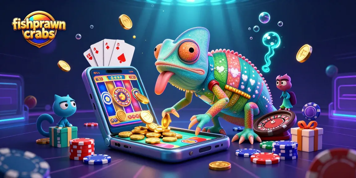Engage in fishprawncrabs excitement as the colorful chameleon casino owner watches the action unfold amidst animated coins and games.